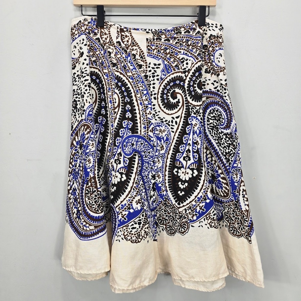 Studio Womens Paisley Midi Skirt M 100% Linen Vacation Resort Coastal Office